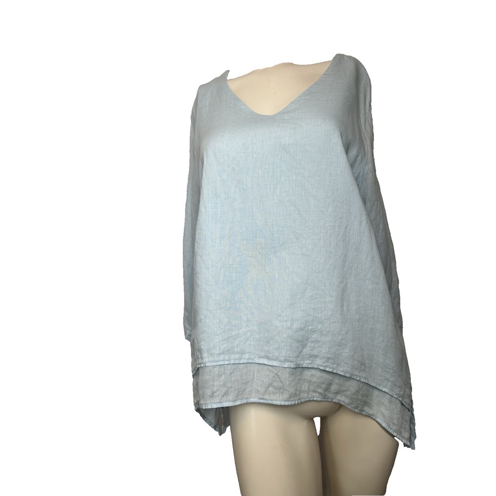La Fixsun  Tunic Blue Linen V Neck Double Layer Lightweight Lagenlook Small